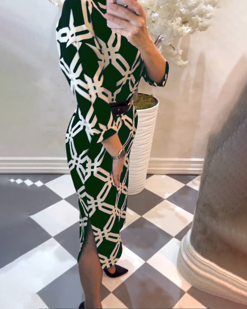 Geometric print side slit elegant dress