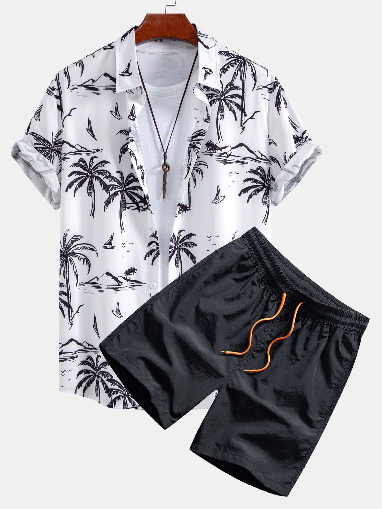 Palm Tree Island Print Button Up Shirt & Drawstring Swim Shorts