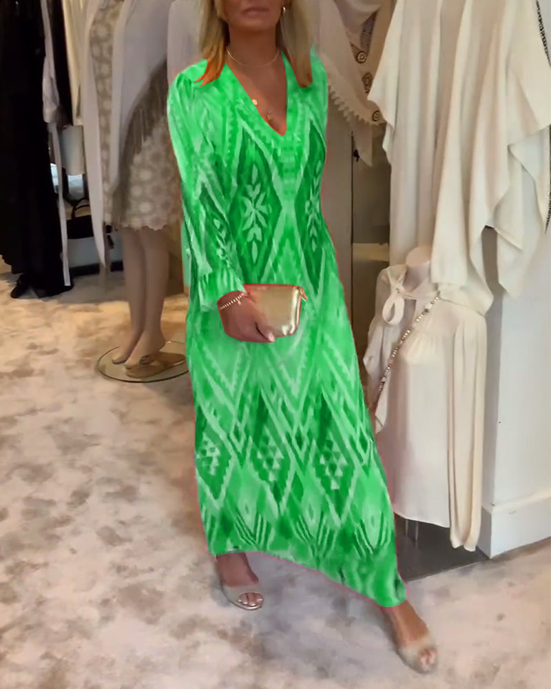 Retro geometric print deep v long sleeve dress