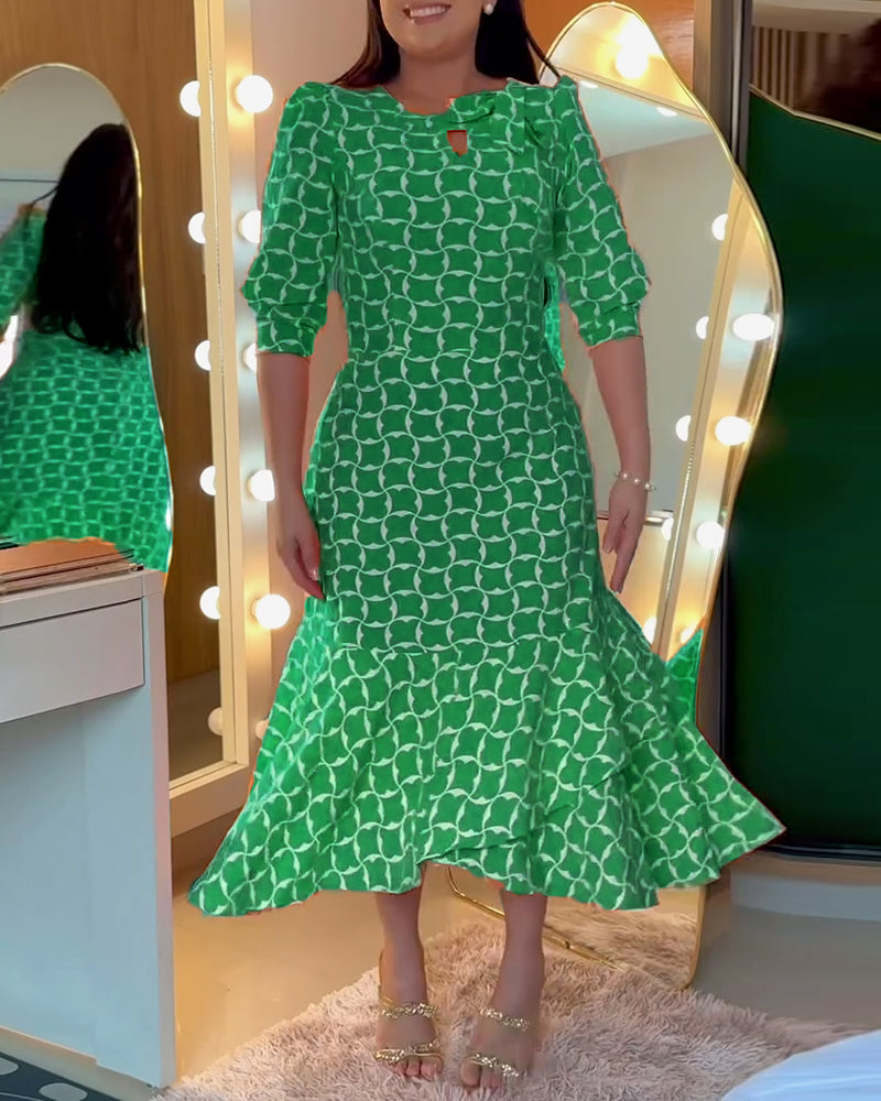 Half Sleeve Round Neck Waist Print Dress