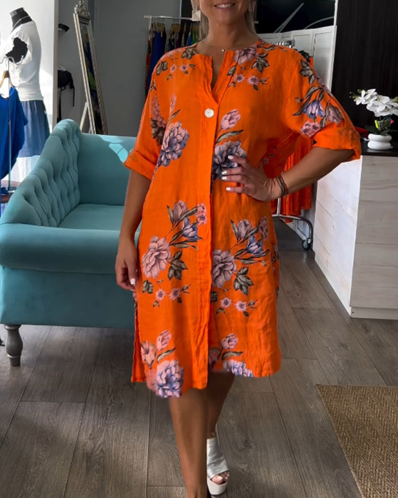 Button printed V-neck dress