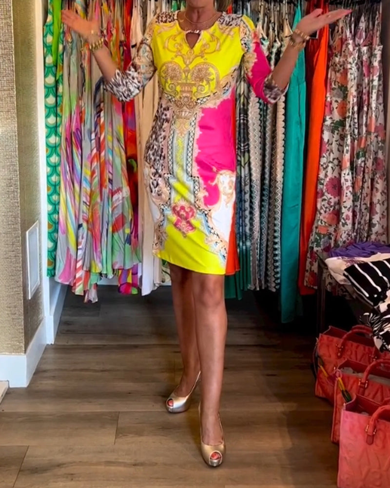 Half-sleeve cutout printed dress