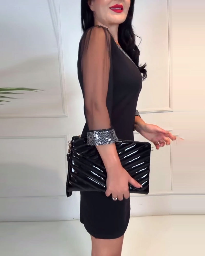 V-Neck Mesh Stitching Slim Dress