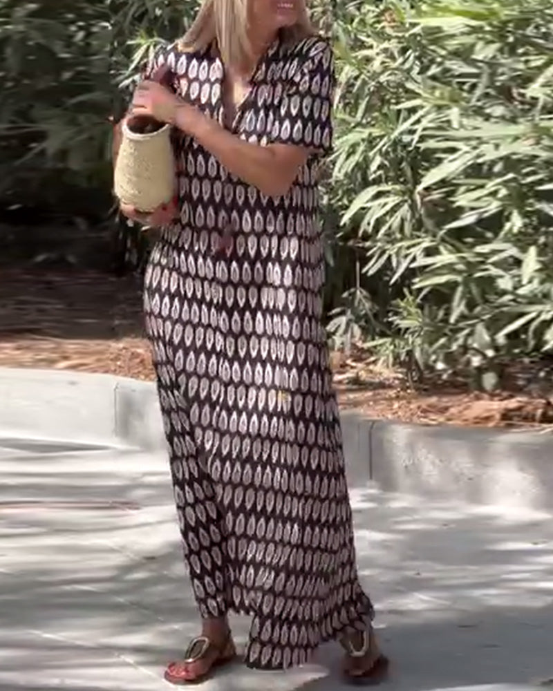 V-Neck Printed Short-Sleeved Straight Maxi Dress