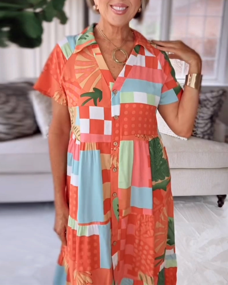 V-Neck Short-Sleeved Printed Casual Dress