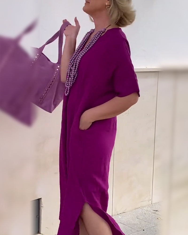 V-Neck Solid Color Simple Long Dress