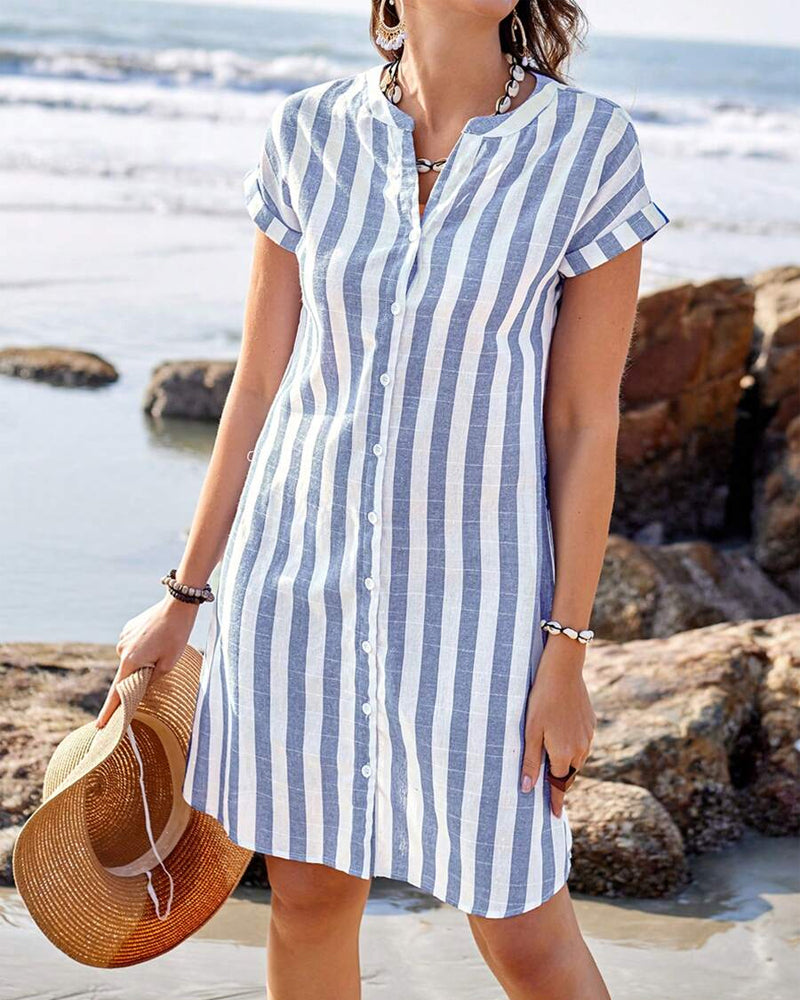 Stand Collar Short Sleeve Striped Cotton And Linen Dress