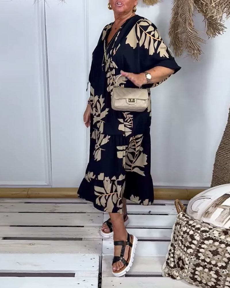 Contrast leaf print casual dress