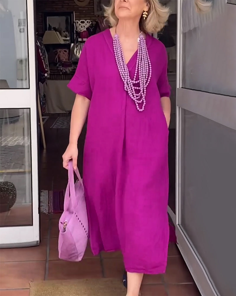 V-Neck Solid Color Simple Long Dress