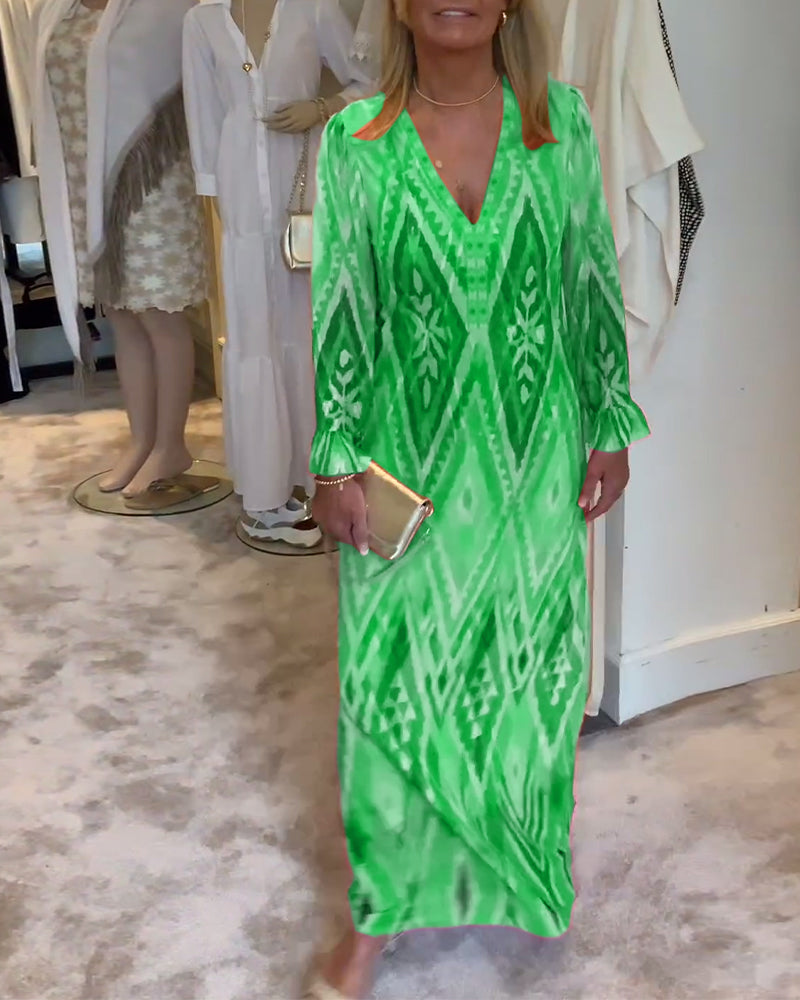 Retro geometric print deep v long sleeve dress