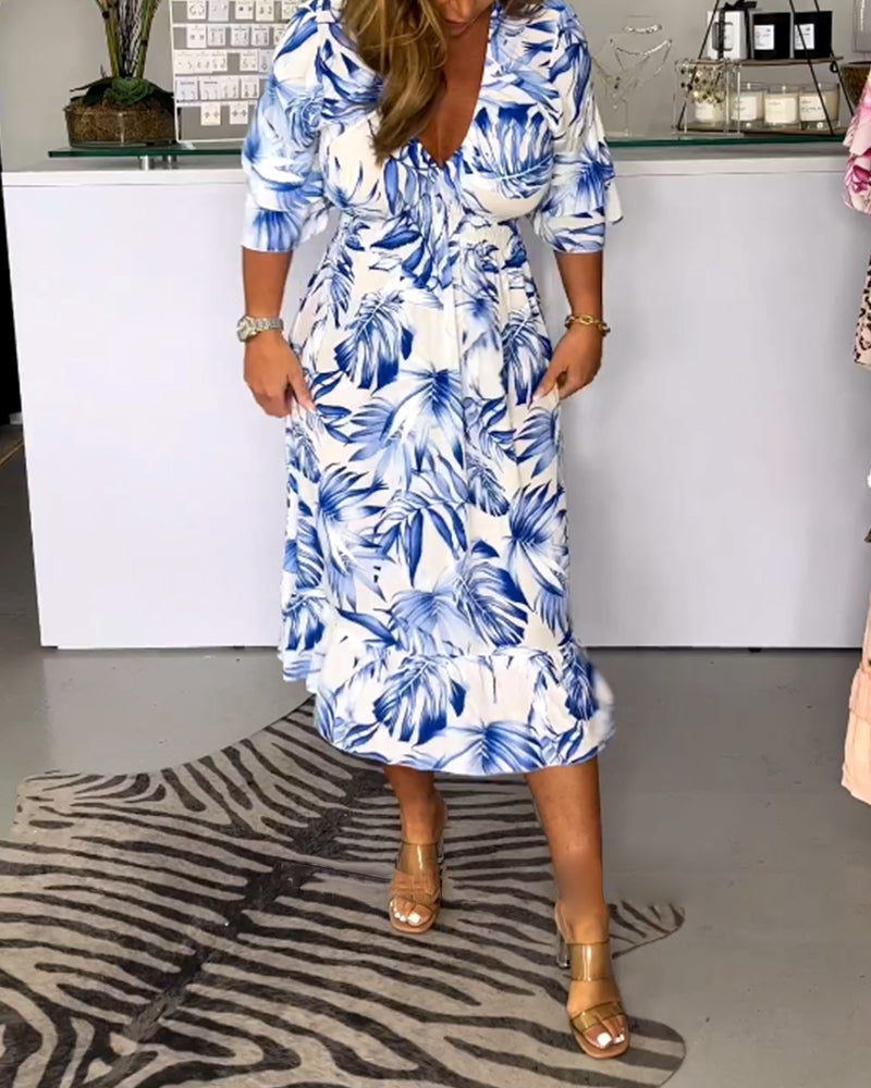 V neck leaves print dress