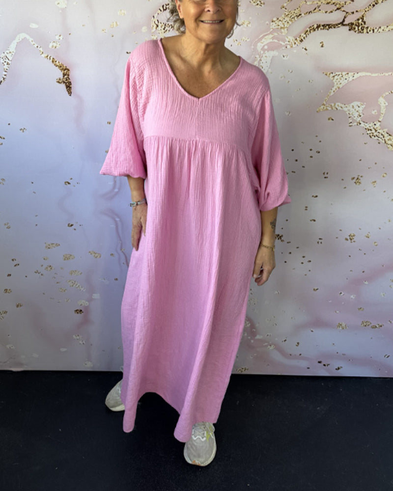 Forest Style V-Neck Pleated Solid Color Dress