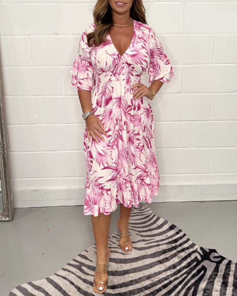 V neck leaves print dress