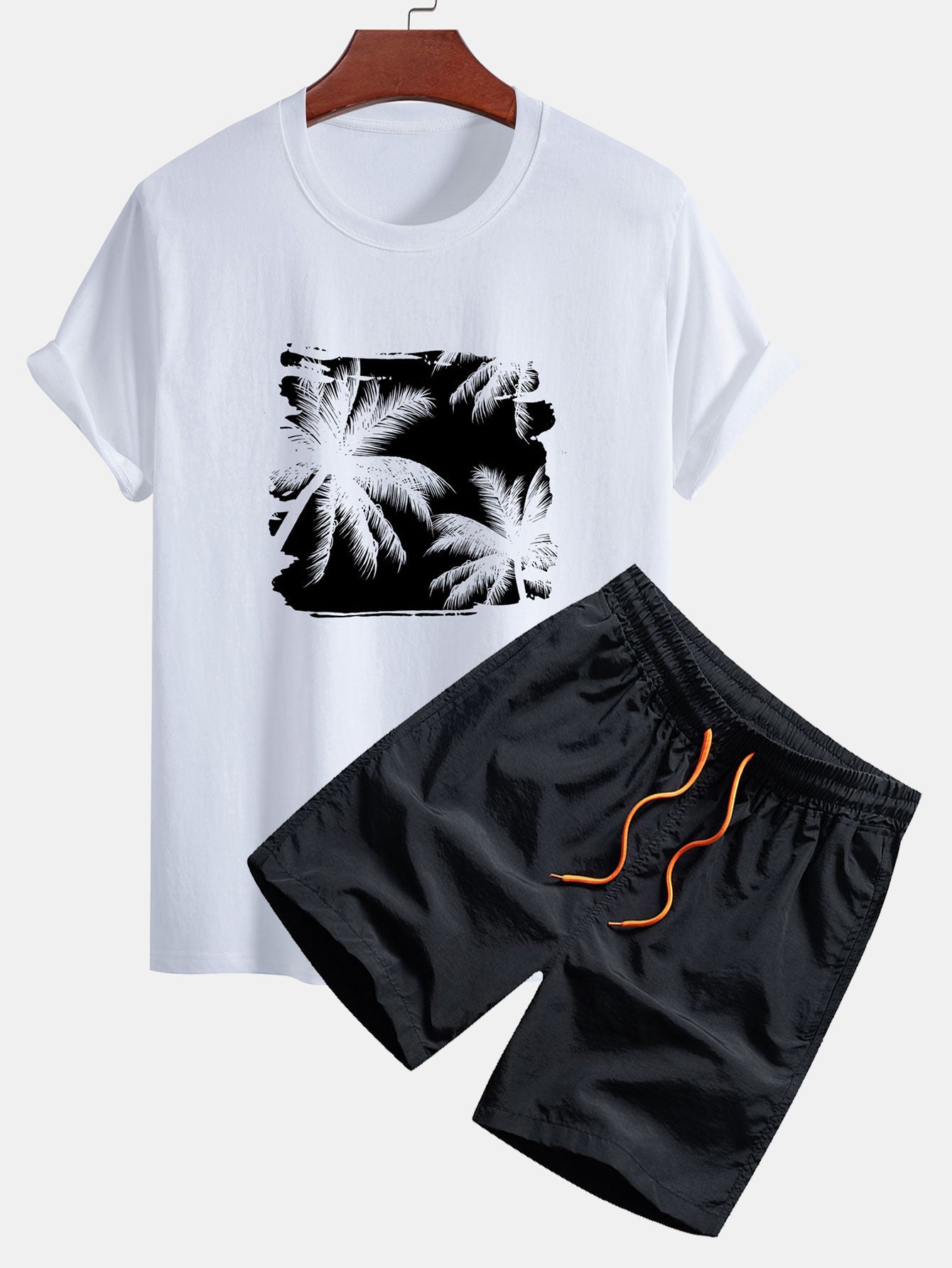 Regular Fit Palm Trees Silhouette Print Cotton T-Shirt & Swim Shorts
