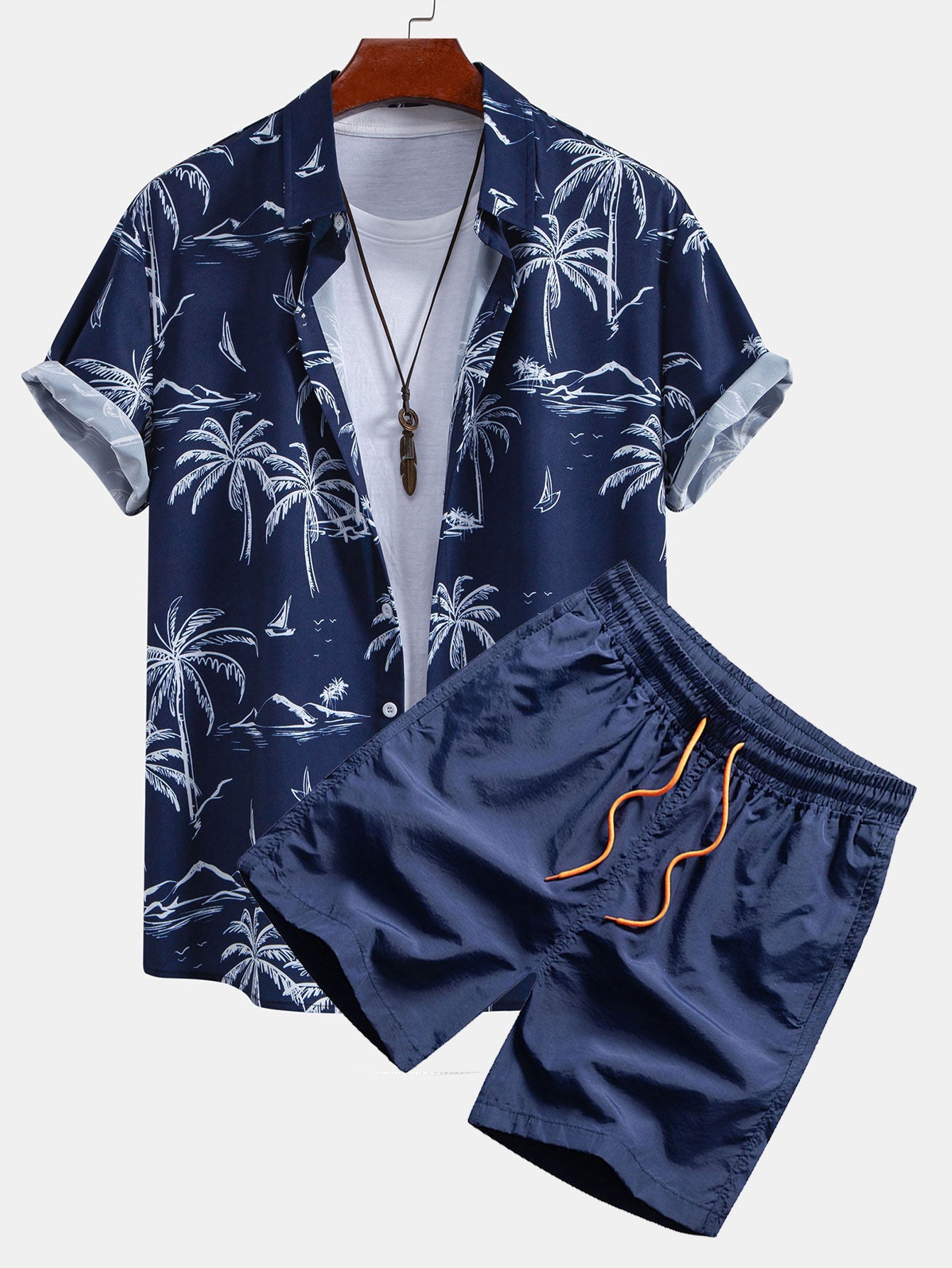 Palm Tree Island Print Button Up Shirt & Drawstring Swim Shorts