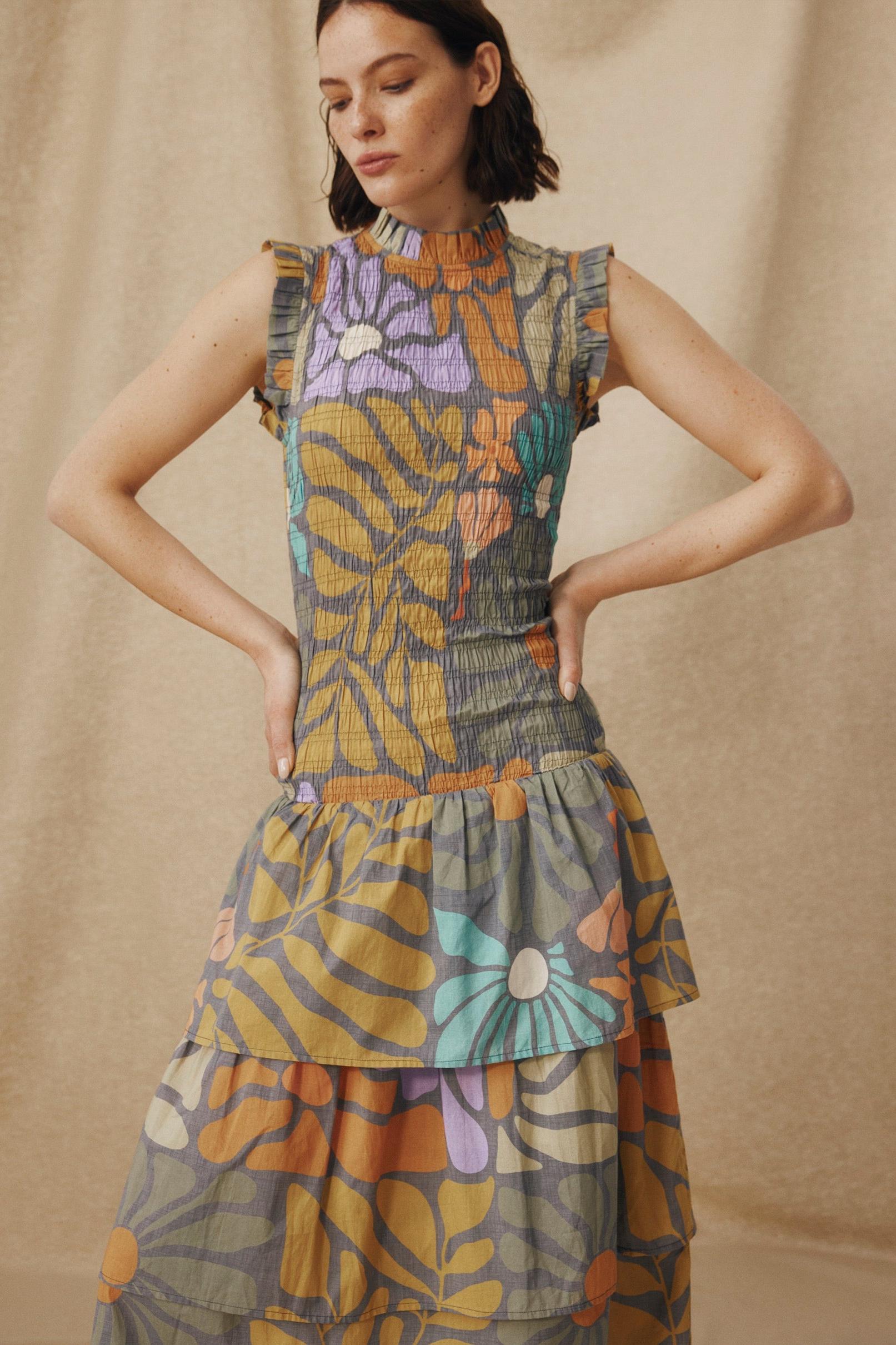 Multicolor Botanical Print Midi Dress