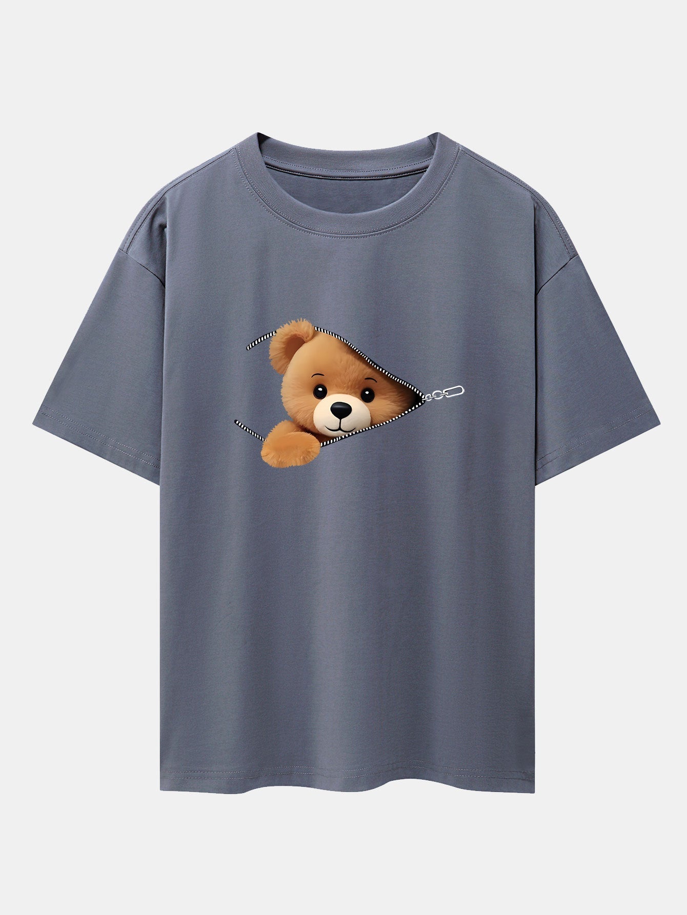 Zipper Bear Print Drop Shoulder Oversize T-Shirt