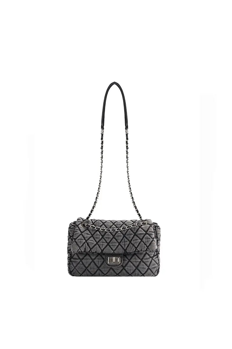 Washed Denim Quilted Chain Shoulder Bag