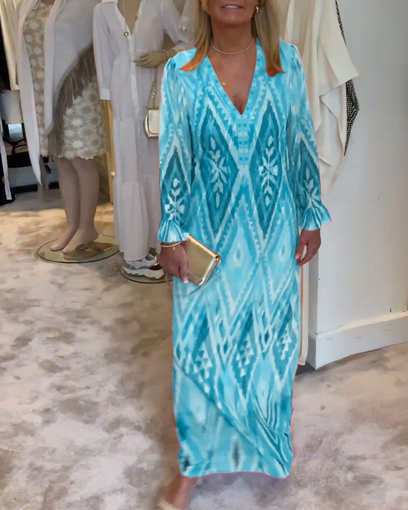 Retro geometric print deep v long sleeve dress