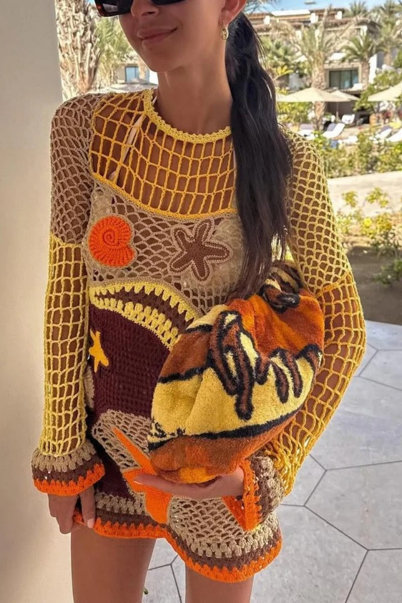 Coral Reef-Inspired Pattern Crochet Mini Dress