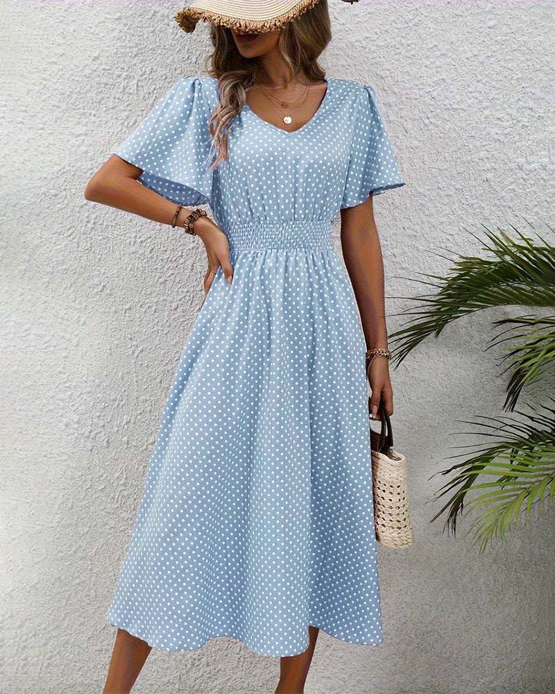 Elegant polka dot print butterfly sleeve waist dress