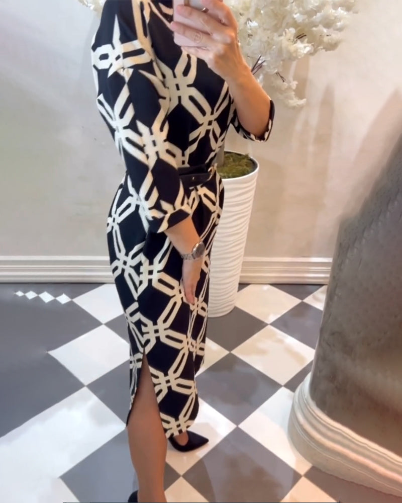 Geometric print side slit elegant dress