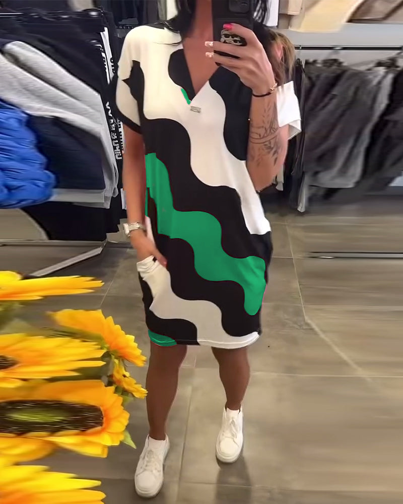 V-Neck Wave Print Dress