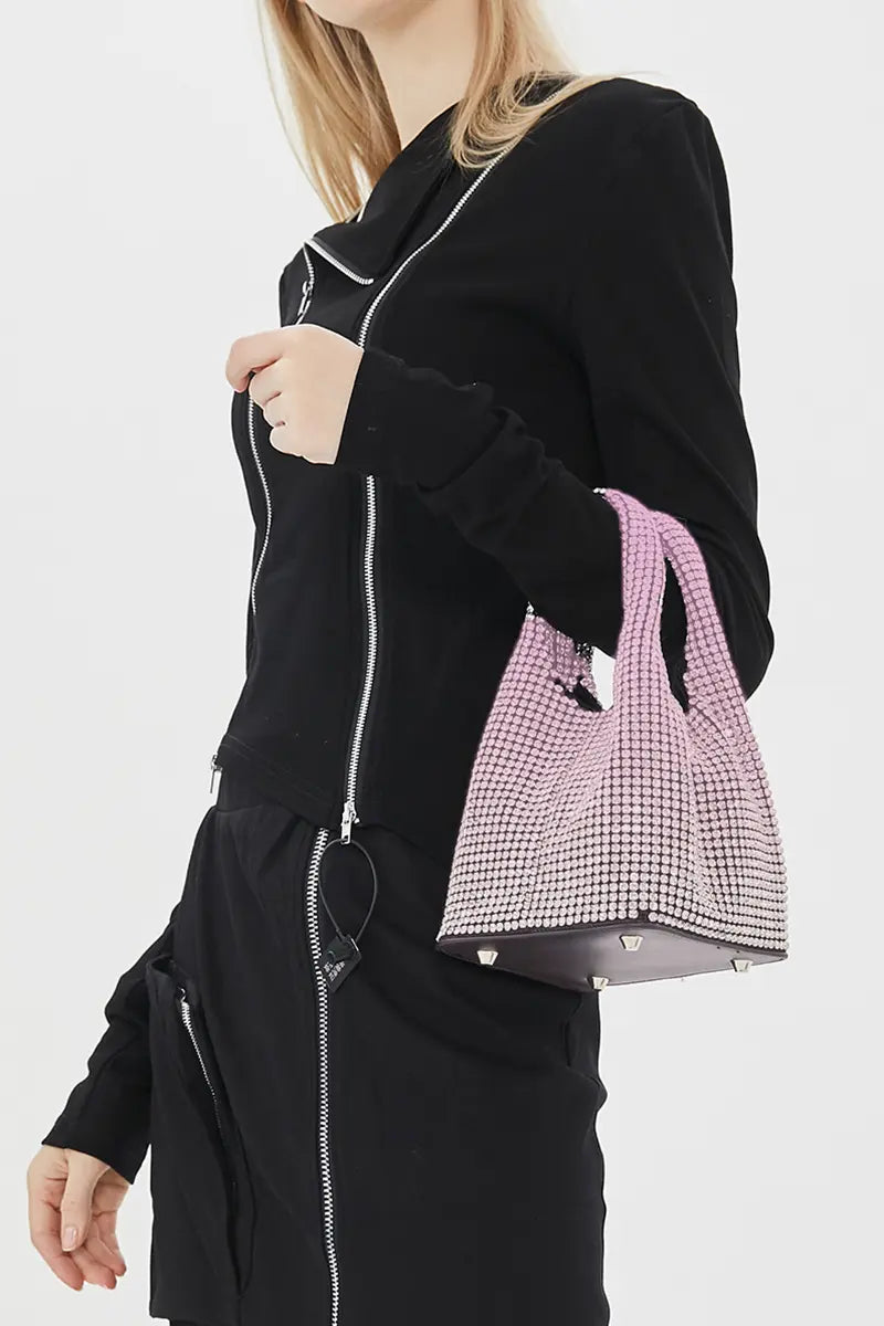 Full Rhinestone Mesh Evening Bucket Bag