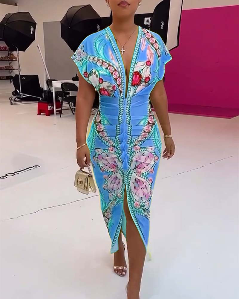 Deep V slit waist printed dress