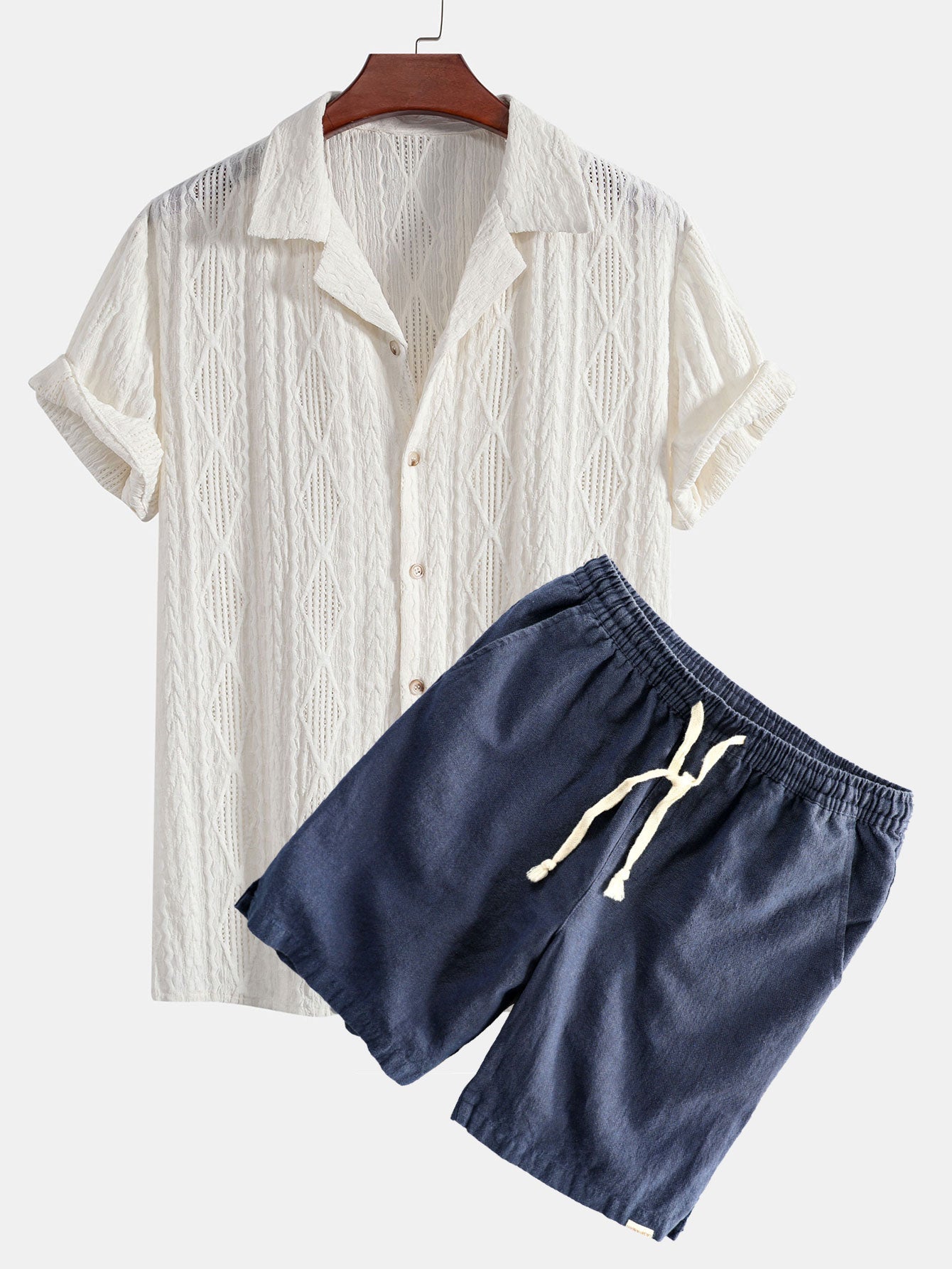 Geometric Jacquard Eyelet Cuban Shirt & Linen Cotton Blend Shorts