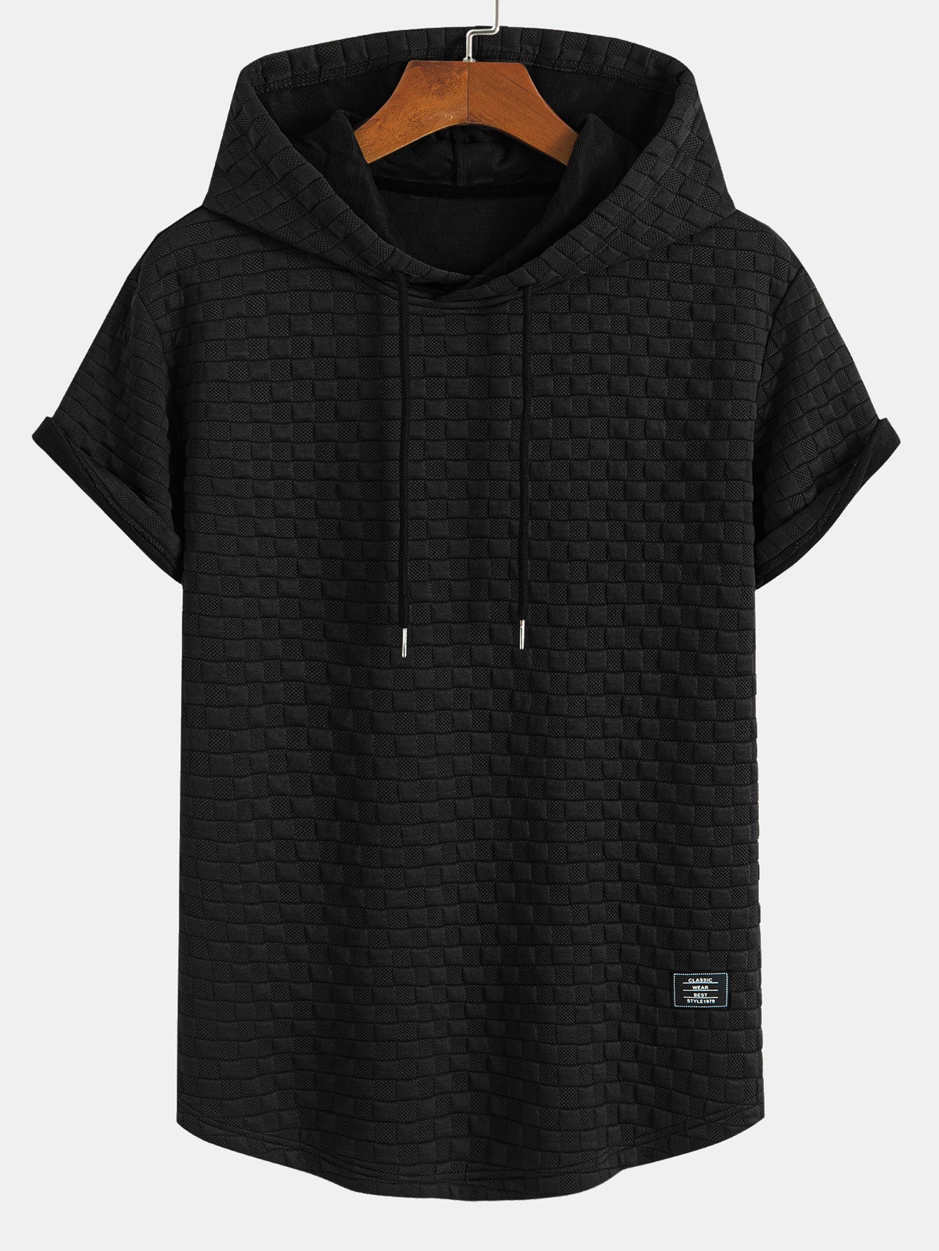 Checkerboard Jacquard Arc Hem Hooded T-Shirt