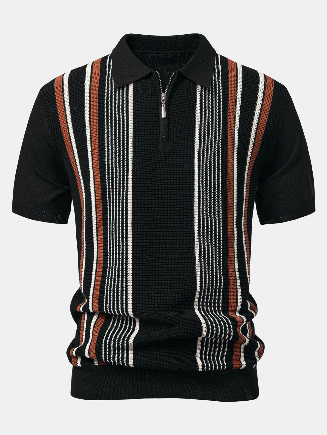 Stripe Knit Zip Up Polo Shirt