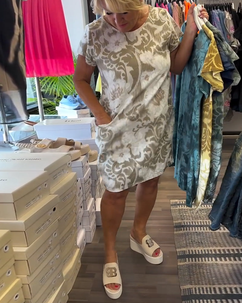 Round Neck Printed Short Sleeve Shift Dress