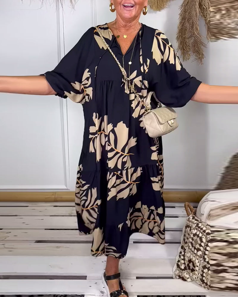 Contrast leaf print casual dress