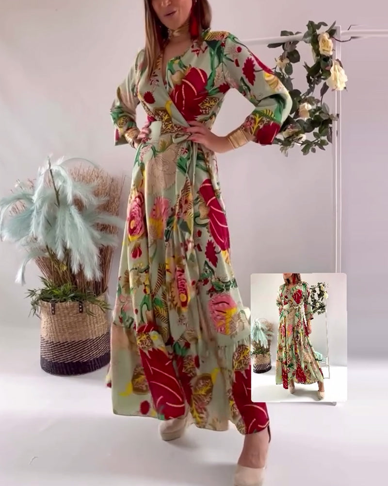 Women's lace-up floral waist long dress