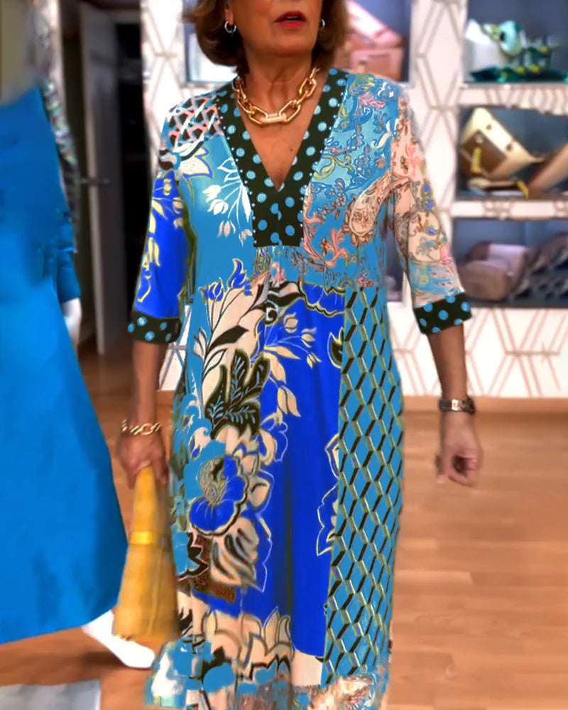 V-neck Printed Slit Dress