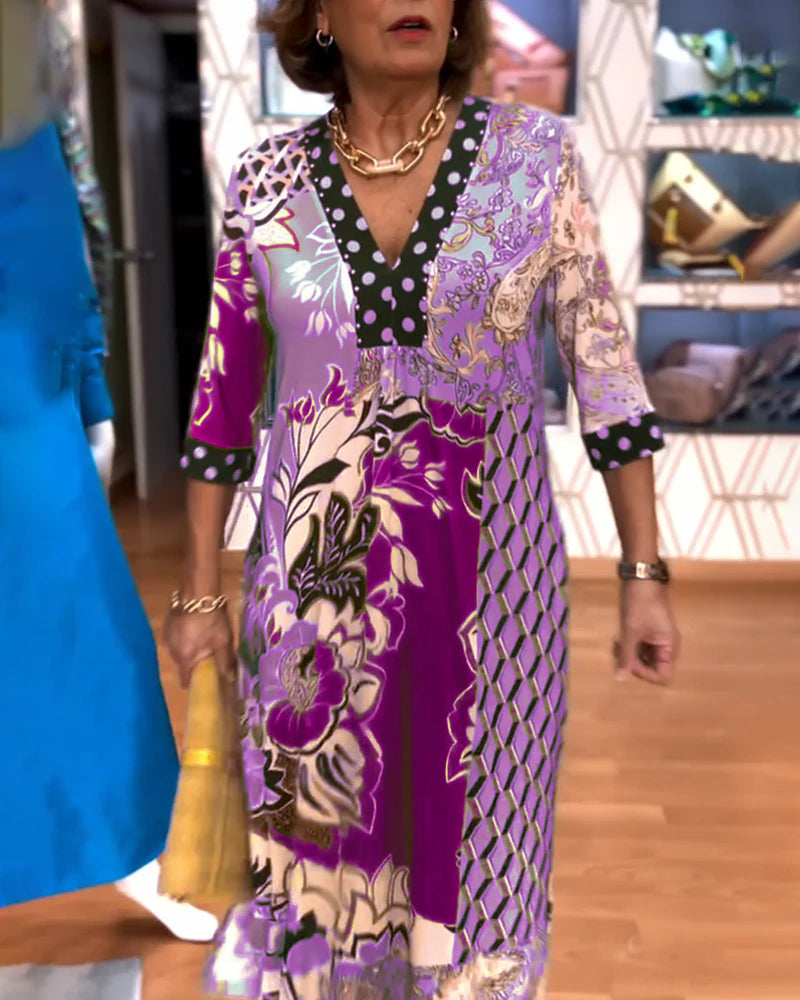 V-neck Printed Slit Dress