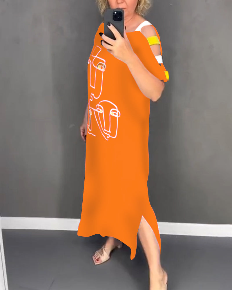 Cold Shoulder Hollow Print Slit Dress