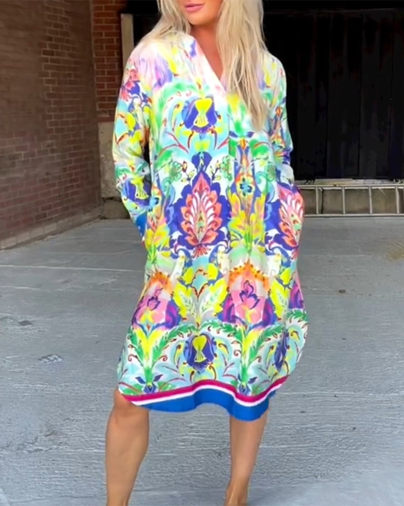 Printed Loose V-Neck Dress