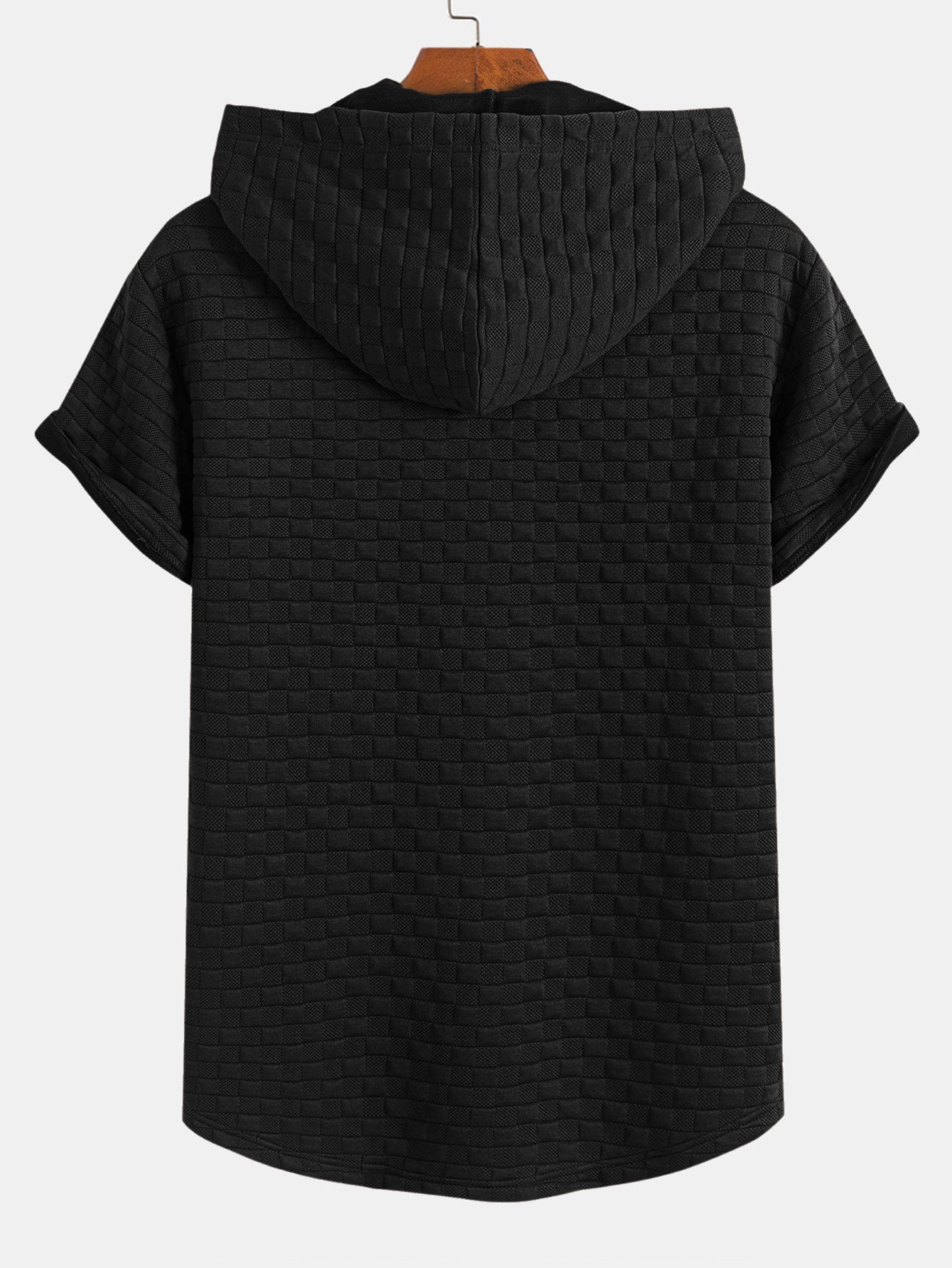 Checkerboard Jacquard Arc Hem Hooded T-Shirt