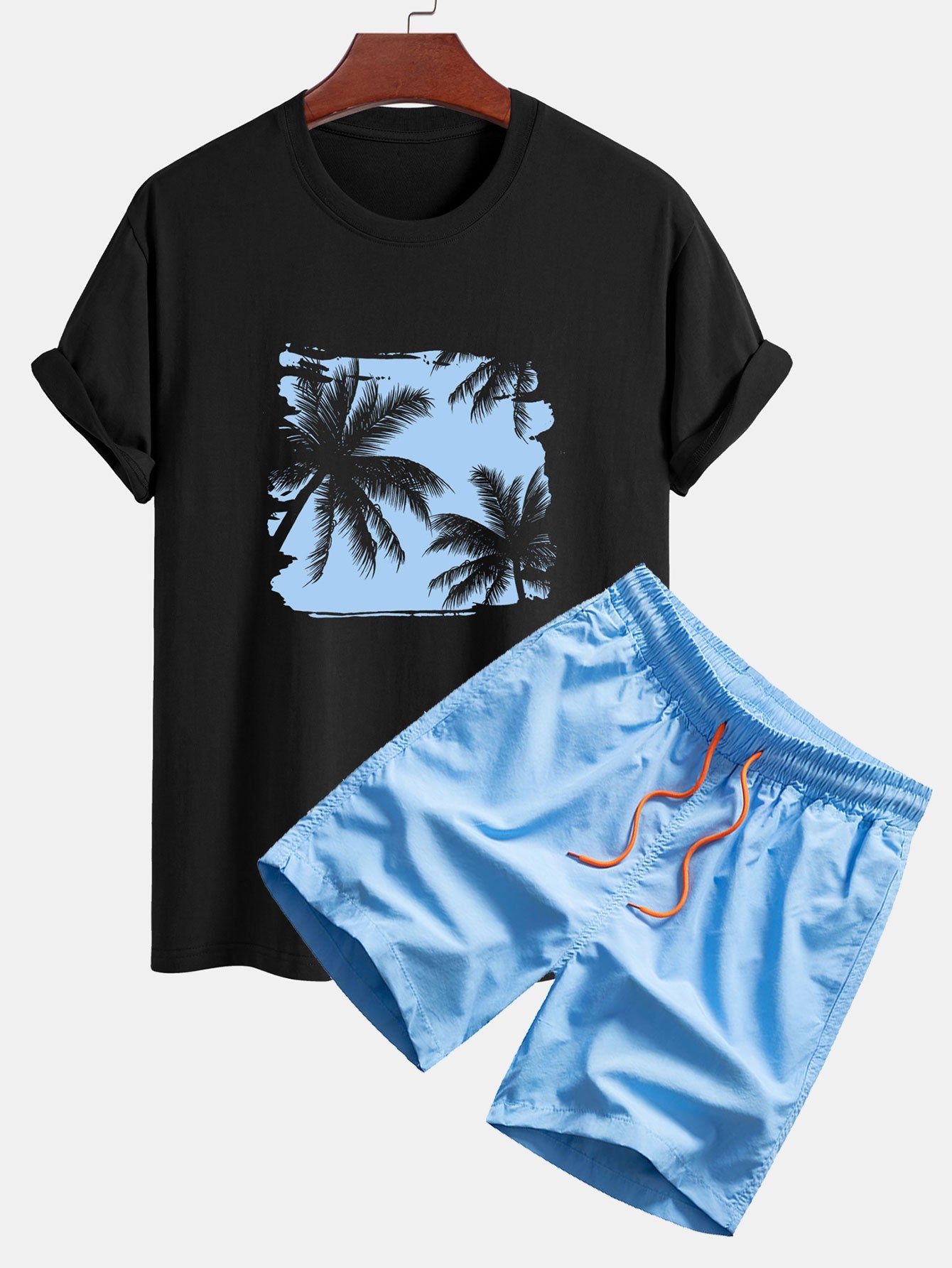 Regular Fit Palm Trees Silhouette Print Cotton T-Shirt & Swim Shorts