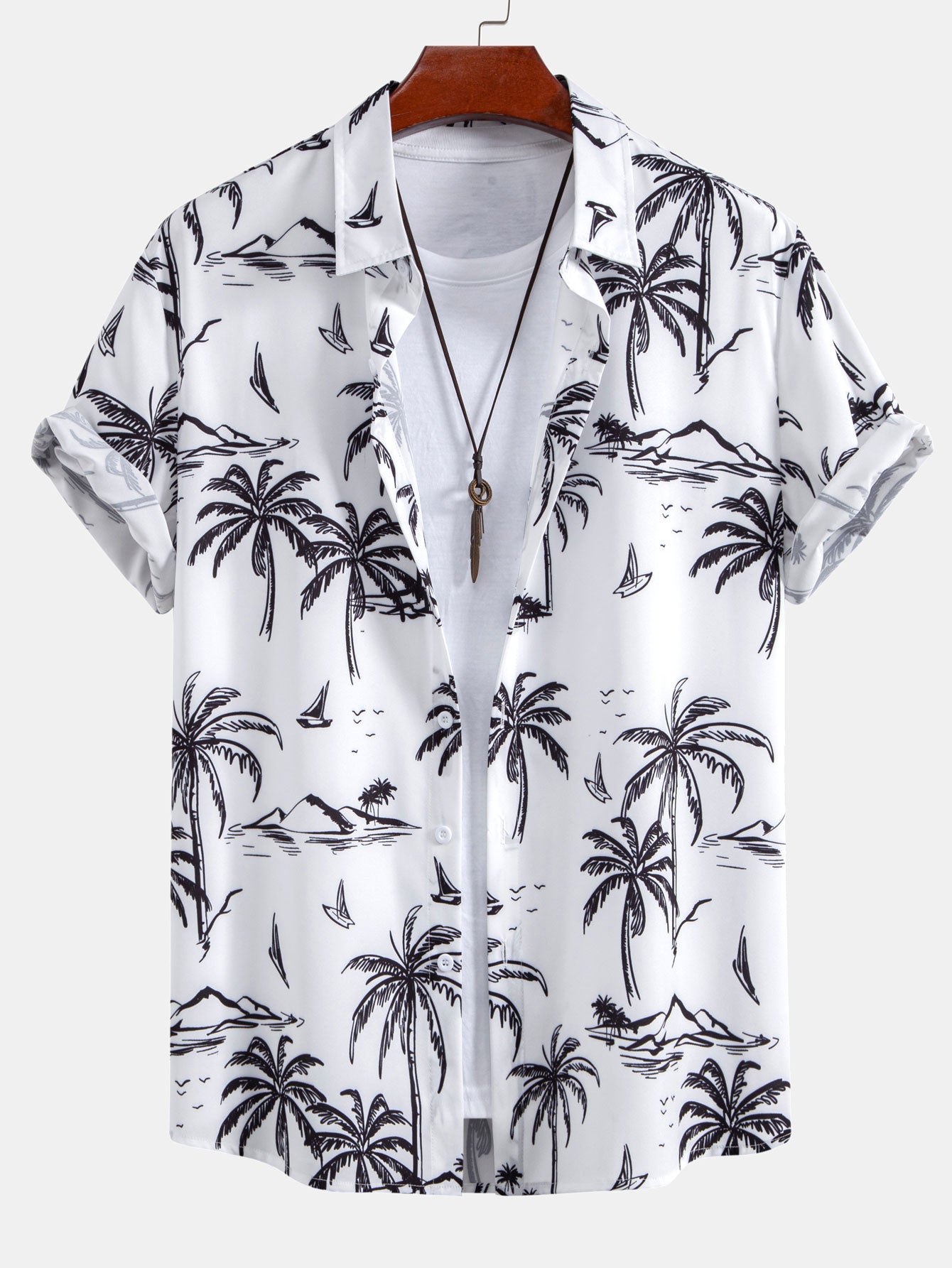 Palm Tree Island Print Button Up Shirt & Drawstring Swim Shorts