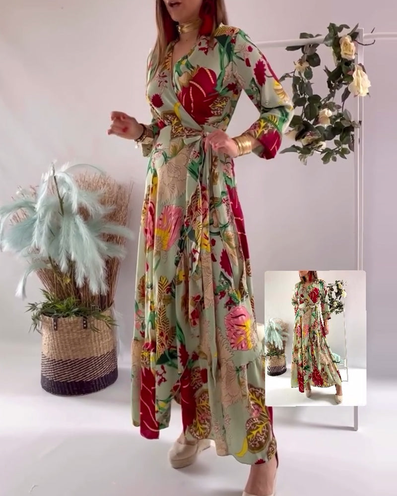Women's lace-up floral waist long dress