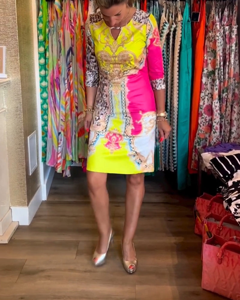 Half-sleeve cutout printed dress