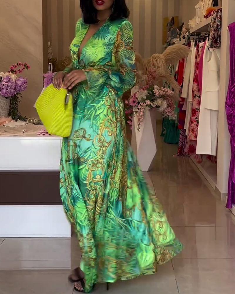 Deep V waisted high-end printed dress