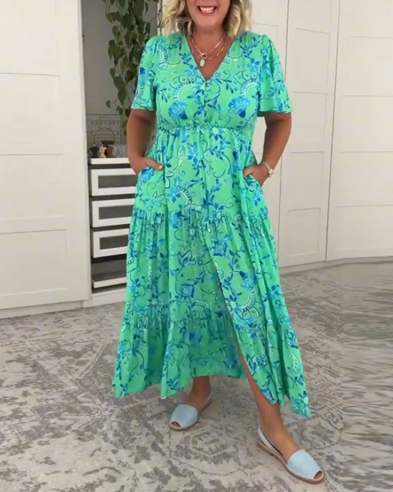 Short-sleeved pocket printed dress