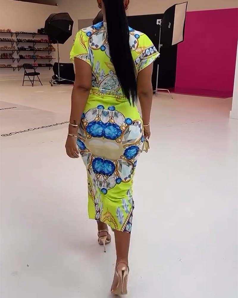 Deep V slit waist printed dress