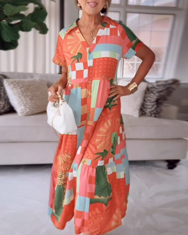 V-Neck Short-Sleeved Printed Casual Dress