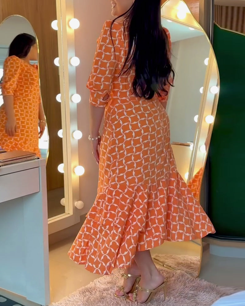 Half Sleeve Round Neck Waist Print Dress