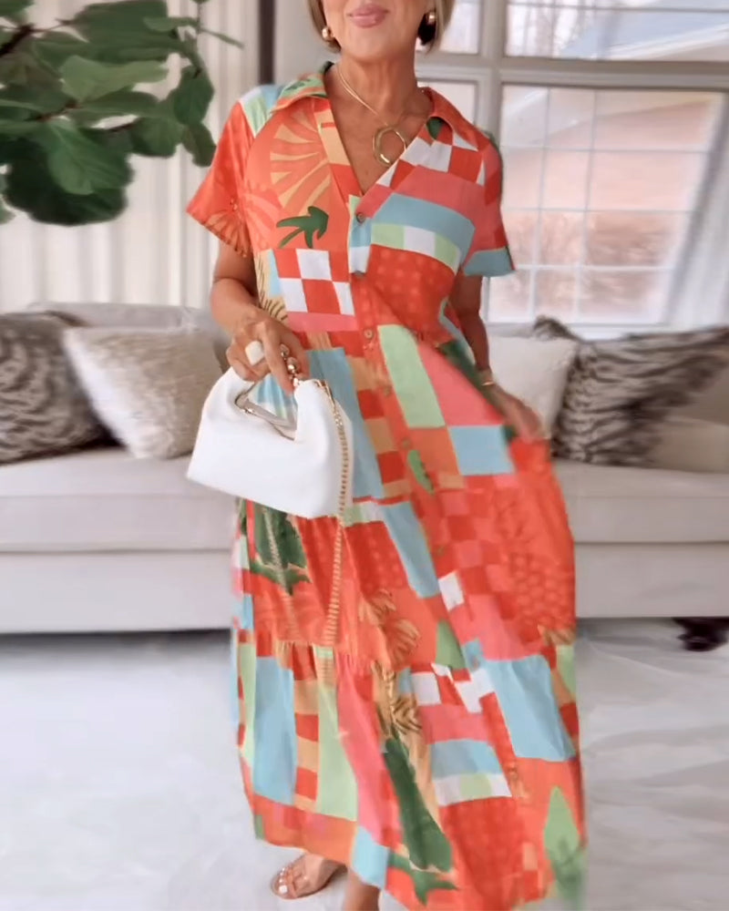 V-Neck Short-Sleeved Printed Casual Dress